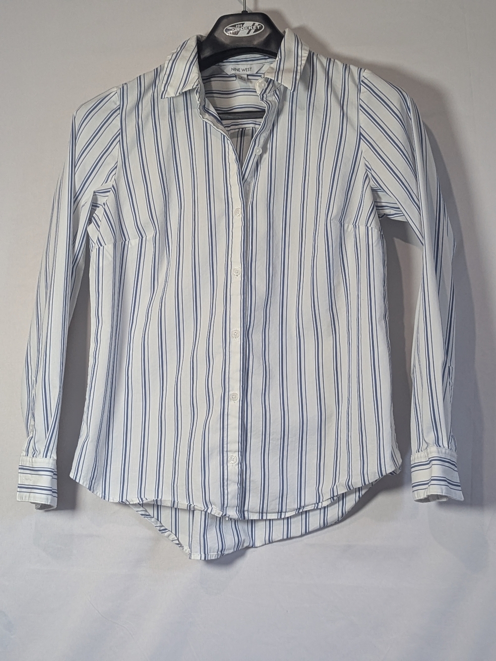 Nine West Women’s S Blue White Striped Button Down Stretch Blouse